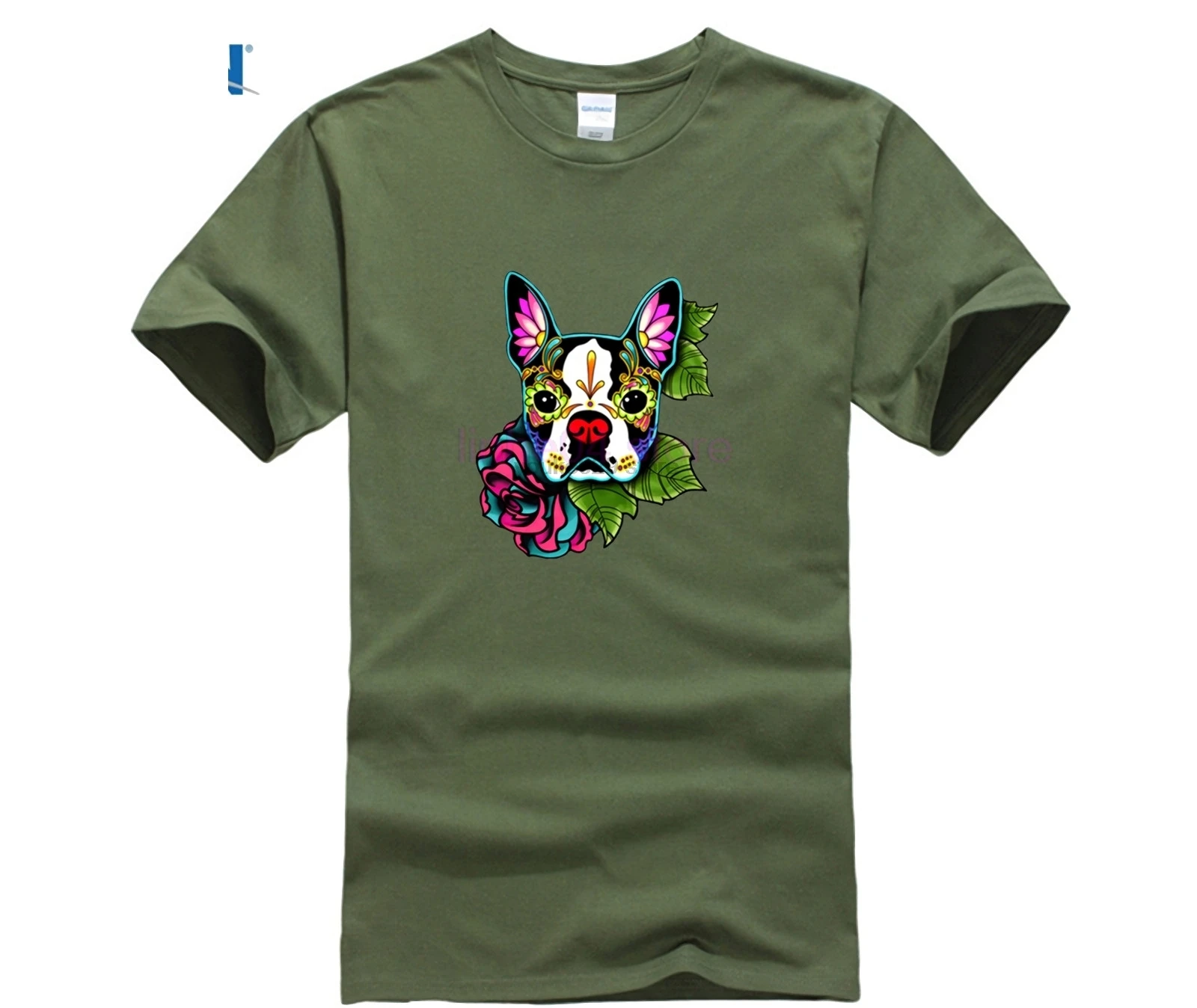 Бостон-терьер День мертвых сахара череп собака футболка для мужчин последний