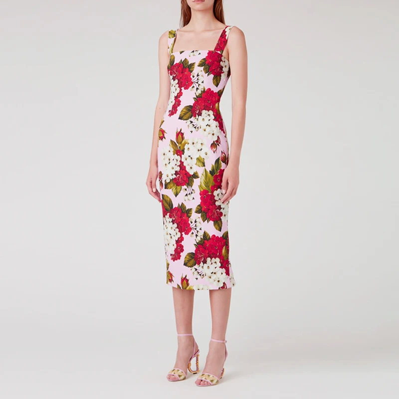 

Gedivoen модное дизайнерское летнее платье для женщин на бретельках с цветочным принтом облегающее платье-карандаш элегантное платье миди ...