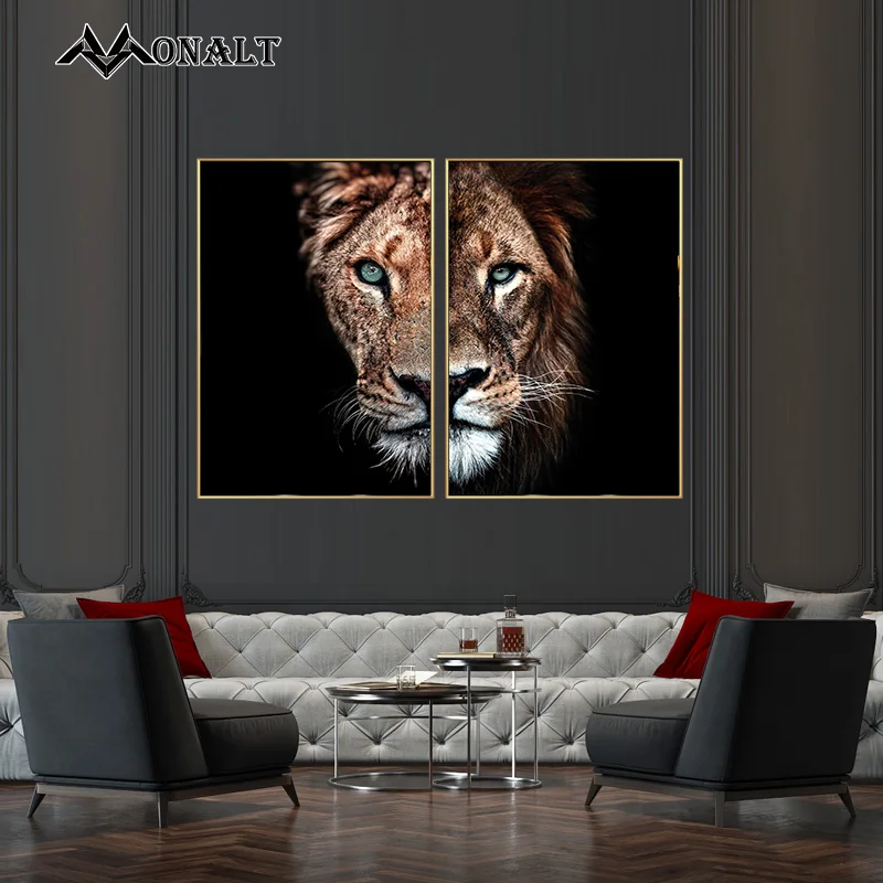

Half Face Male Female Lion Poster Canvas Painting Modular Abstract Art African Animal Pictures Wall Decoration for Home Design