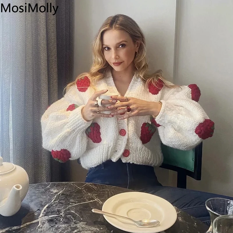 

Handmade Sweater Cardigan Women Cool Fruit Patchwork Sweater Jumper Knitting Coats Outerwear Caftans