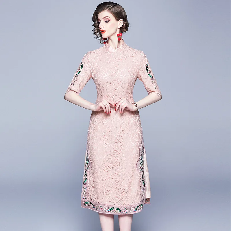 Новинка лета 2019 облегающее кружевное платье с воротником стойкой и