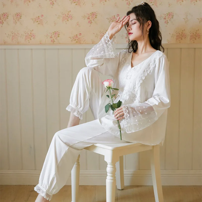 

Palace Retro Sexy Women Pajamas Set Breathable Cotton Satin Sleepwear Princess Pijamas Mujer Lace Pyjama Large Size Home Clothes