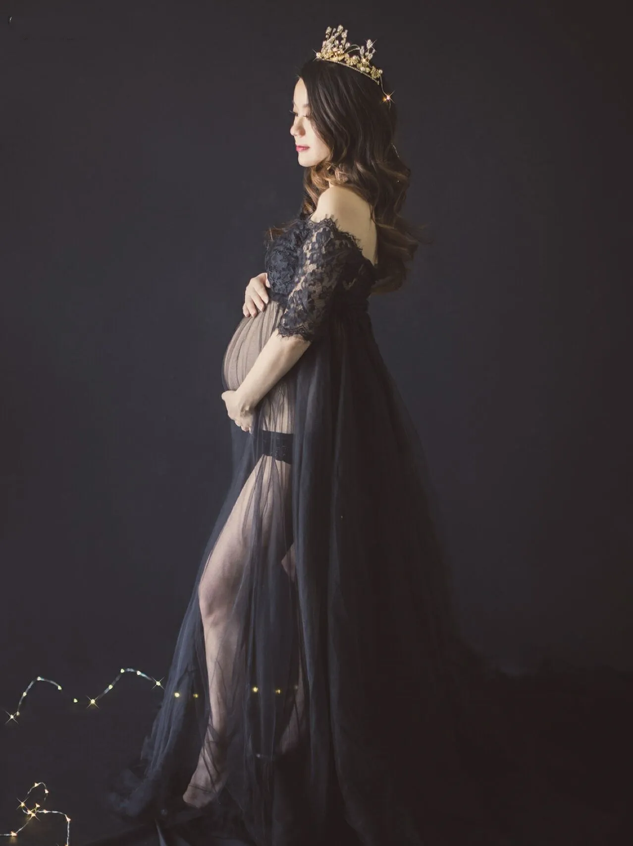 

Black Lace Maternity Dress for Photo Shoot Pregnant Women Long Sleeve Splicing Turtleneck Photography Dresses Pregnancy Dress
