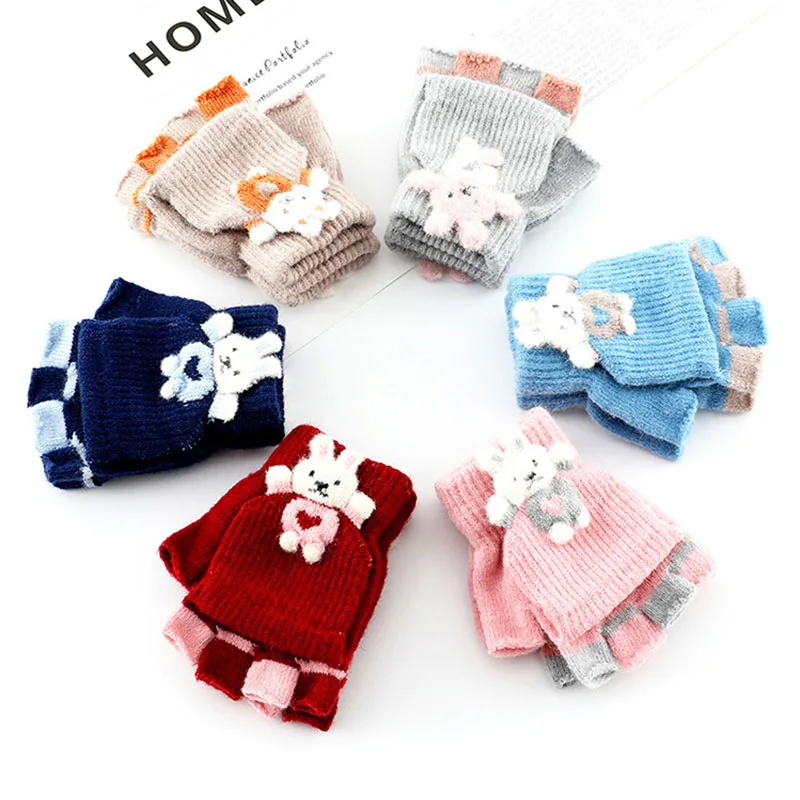 

Милые детские перчатки с кроликом, мягкие вязаные детские перчатки с полупальцами, уличные зимние теплые перчатки для мальчиков и девочек, ...