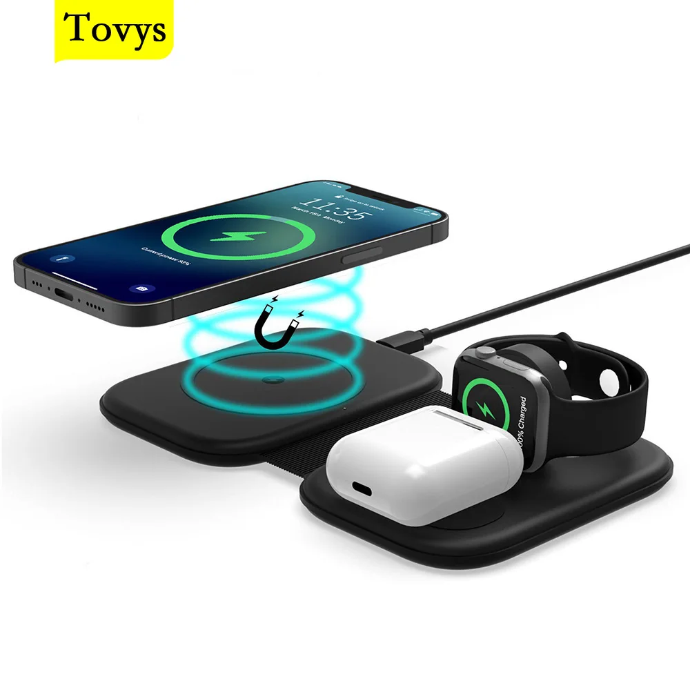 

Беспроводное зарядное устройство Tovys 3 в 1 для быстрой зарядки iPhone для магнитной станции Airpods iWatch индукционное зарядное устройство qi беспров...