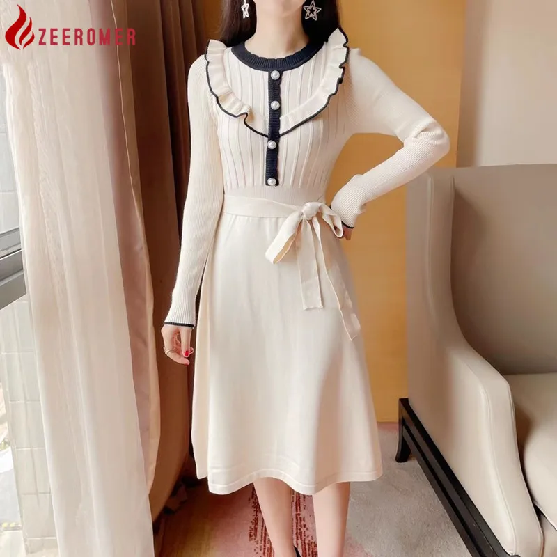 

Женское трикотажное платье-свитер, Элегантное однобортное трикотажное платье в Корейском стиле с круглым вырезом, поясом и бантом, Повседн...
