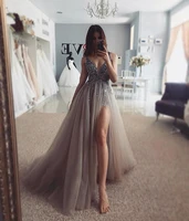 2021 sexy light gray high split tulle beading prom dresses a line backless dress long v neck sweep train sleeveless evening gown