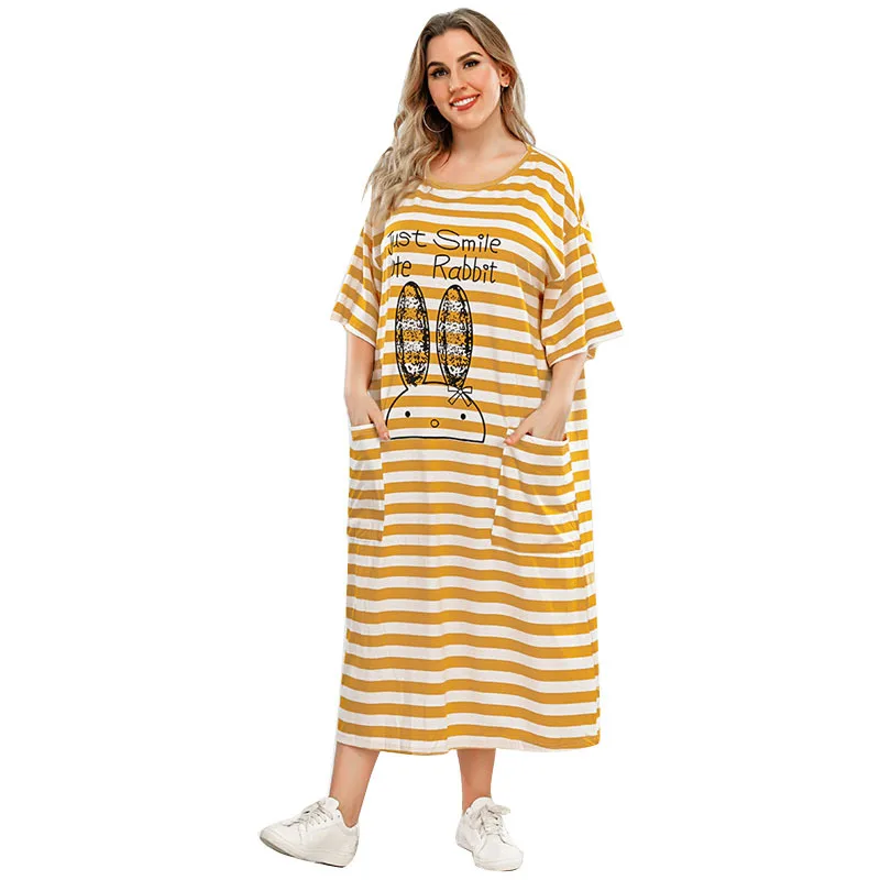 

Long Yellow and White Stripes Print Cartton Pocket Decoration Summer Light Dresses Prairie Chic Loose Casual Large Size Dresses