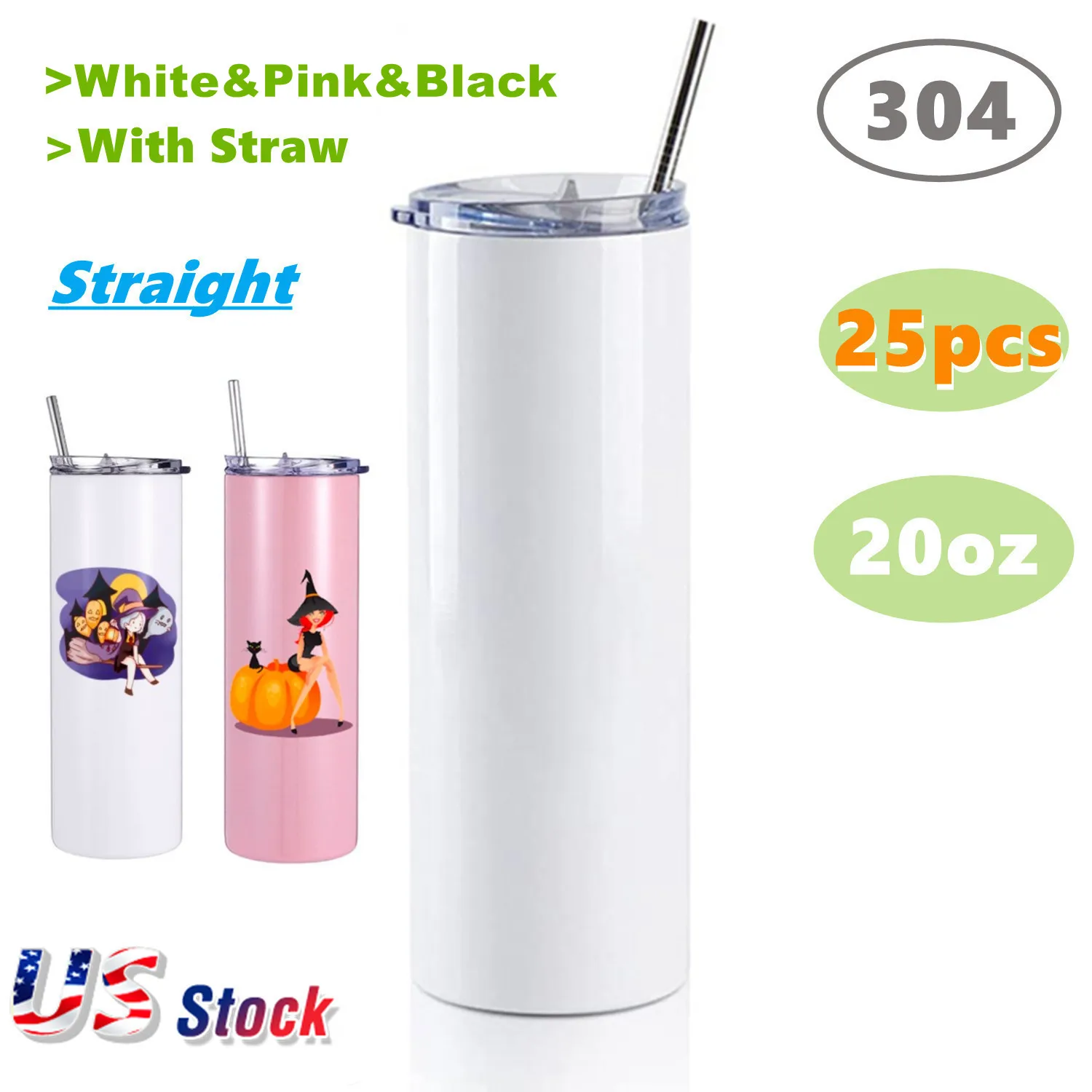 

20oz Sublimation Laser Engraving Skinny Straight Tumbler Double 304 Stainless Steel Vacuum Cup Mug With Lid and Straw DIY Gifts