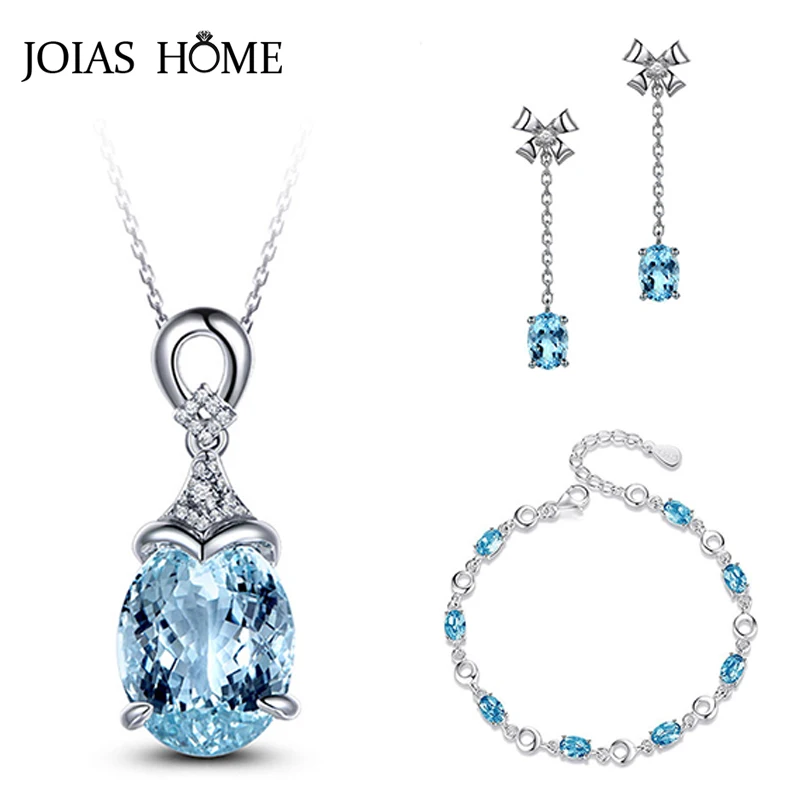 JoiasHome Classic 925 Sterling Silver Women Jewelry Set Blue Color Necklace Earrings Bracelet For Charm Lady Wedding Party Gift