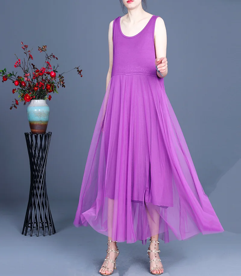 

VANOVICH 2021 Summer New Silk Cotton Blended Vest Dress Loose Sleeveless Office Lady Bottom Dresses