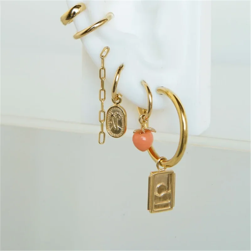 Женские серьги-кольца из серебра 925 пробы с эмалью манго Персиком клубникой