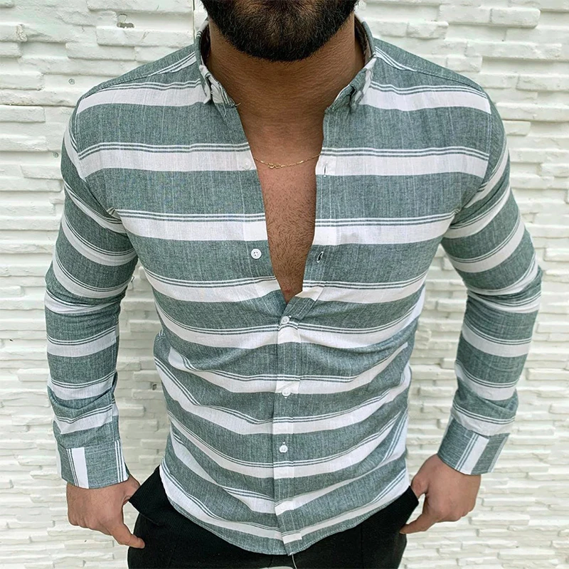 

Vintage Male Long Sleeve Shirt 2021 Spring Summer Casual Striped Print Shirt Men Fashion Button Turn-down Collar Tops Streetwear