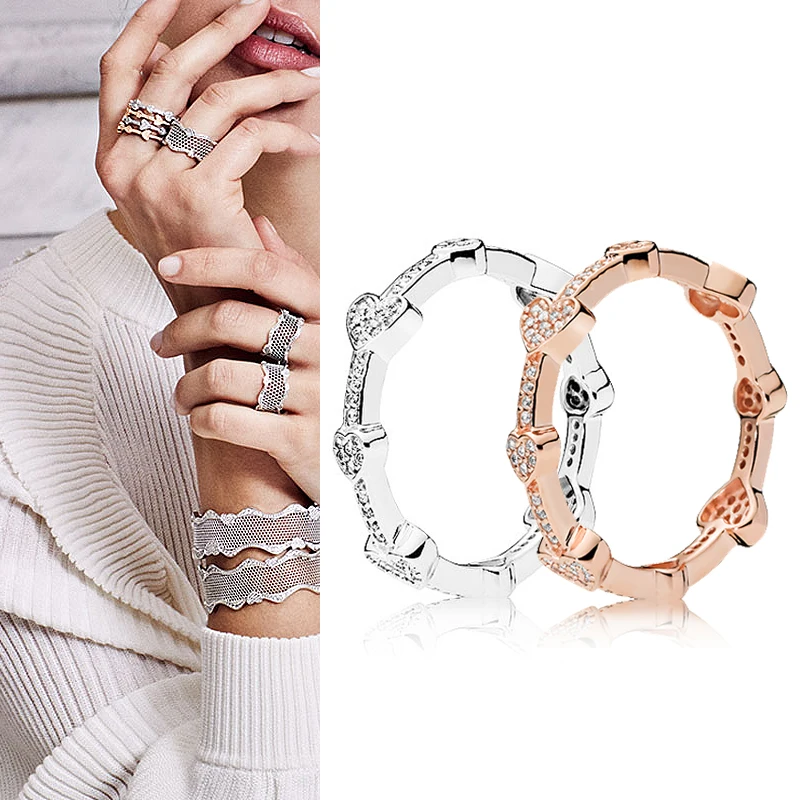 

New 925 кольцо Silver Pan Ring Creative Heart To Heart With Crystal Heart Pan Ring For Women Wedding Party Fashion Jewelry