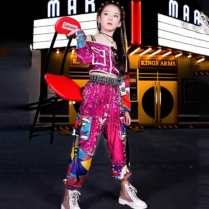 Костюм для джазовых танцев девочек блестящая одежда в стиле хип-хоп Детские