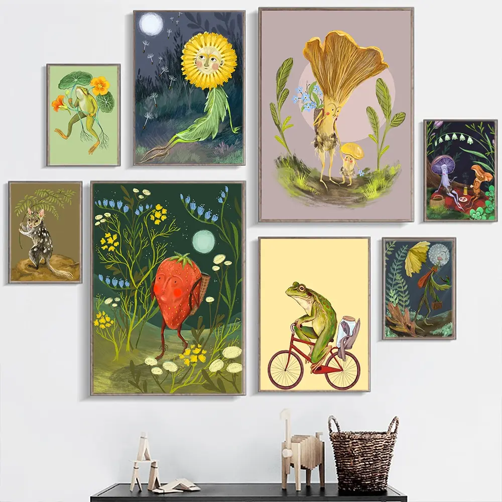

Vintage Frog Ride Bicycle Mushroom Strawberry Wall Art Decoration Canvas Painting Posters and Prints Wall Picture for Room Decor