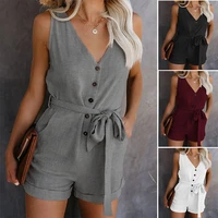 women summer clothes off shoulder belted tunic sleeveles playsuit solid casual v neck short home jumpsuit 2020 dropshipping
