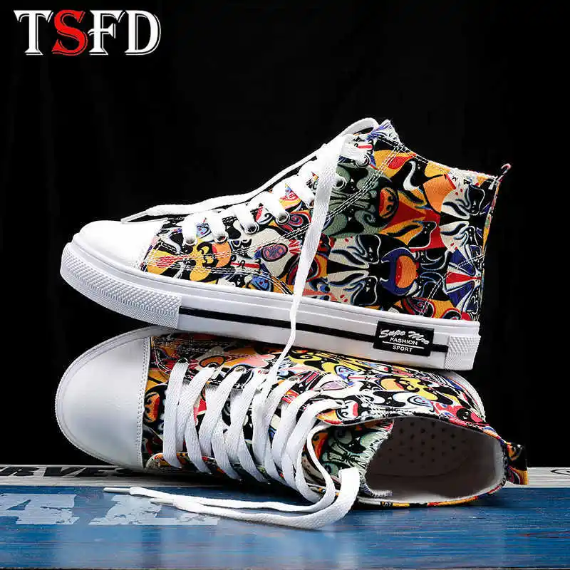 

Canvas Male Sneakers Round Toe Men's Spring Sneakers High-Cut Men Shoes 2021 Drama Face Printed Shose for Man Casual Zapatos F2