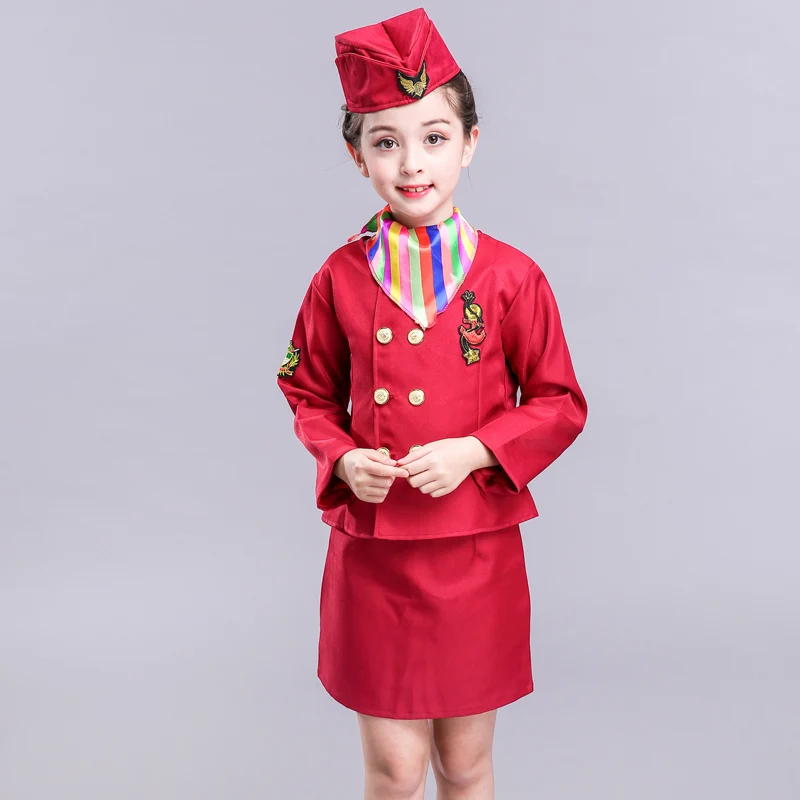 Wine red full set Детский костюм стюардессы на Хэллоуин для девочек, костюм стюардессы самолета, стюардессы, официантки, школьная форма для танцев - Цвет: Wine red full set