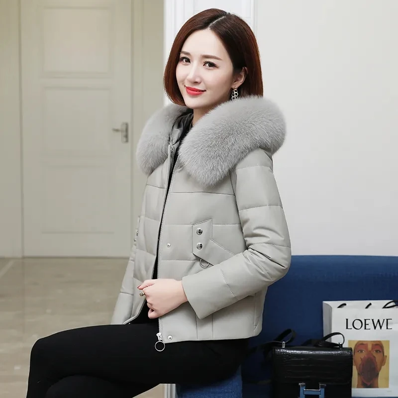 Women's PU Leather Down Cotton Jacket 2022 New Imitation Sheep Leather Jacket Short Loose Korean High-Waisted Faux Fur Jackets
