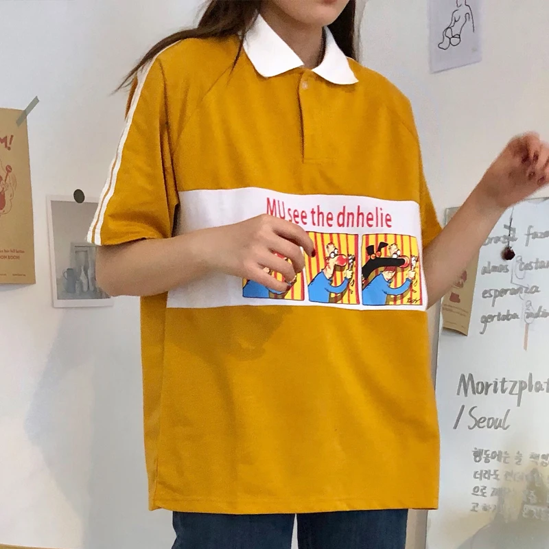 Рубашка поло в стиле Харадзюку Женская хлопковая рубашка с коротким рукавом и