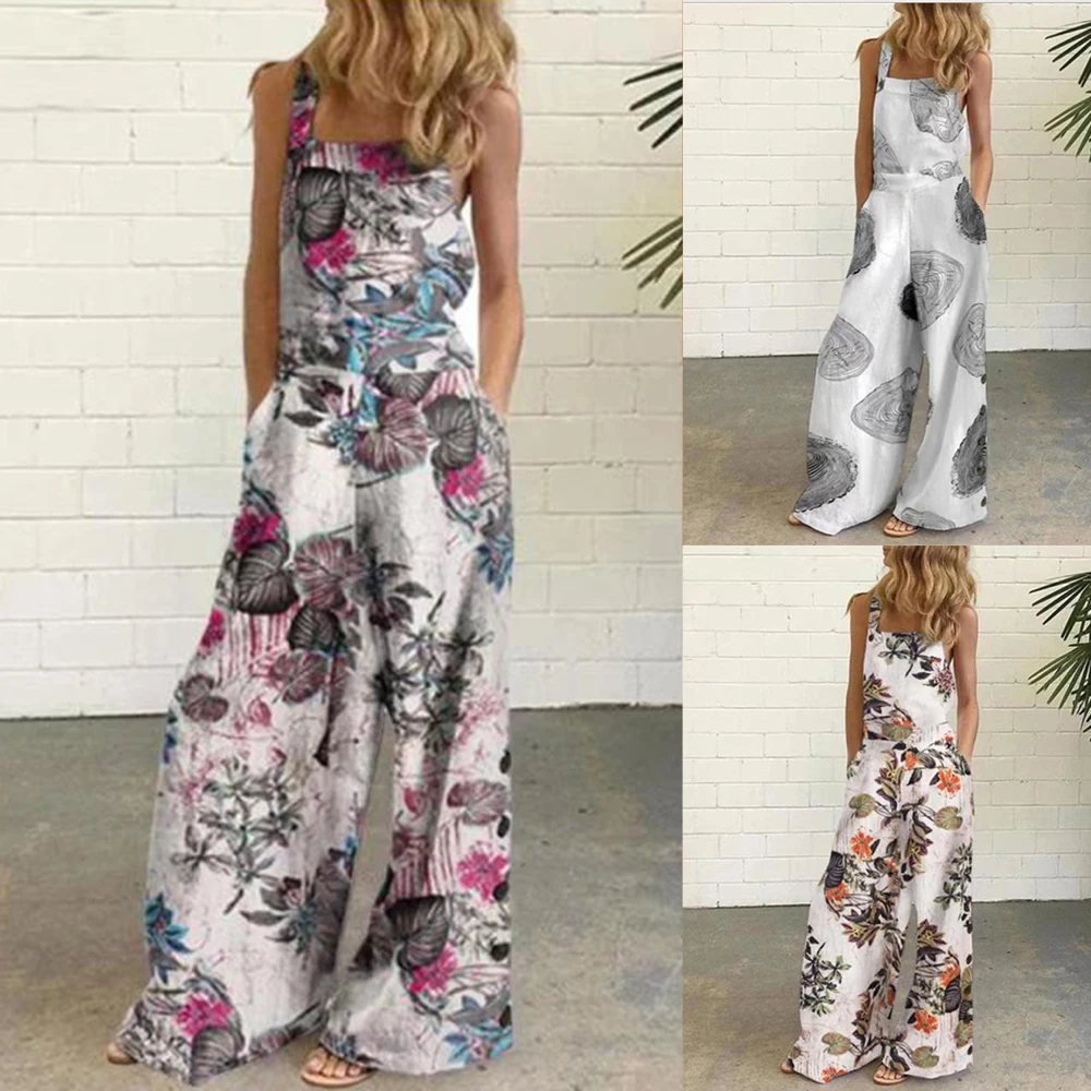 

Women Floral Sleeveless uspender Overalls Female Wide Leg Jumpsuit Casual Strap Pockets Linen Buttons Female Fashion Rompers D30