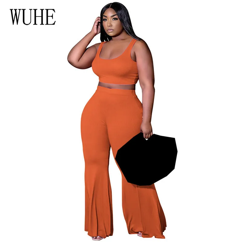 

KEXU Streetwear Summer Two Piece Square Collar Sexy Hollow Out Sleeveless Tanks and Loose Bell Bottomed Pants Casual Clubwear