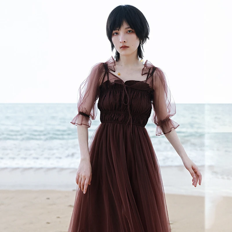 

SHENGPALAE Elegant Wine Mesh Spliced Strap Dress Women's Summer 2021 New Slash Neck Waist Sleeveless Mid-calf Dresses Female