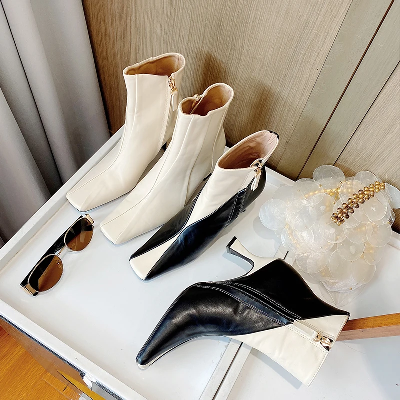 

2020 Newest Design Mixed Color Short Boots Female Street Fashion Elegant Square Toe Party Women Dress Shoes Stiletto Heels