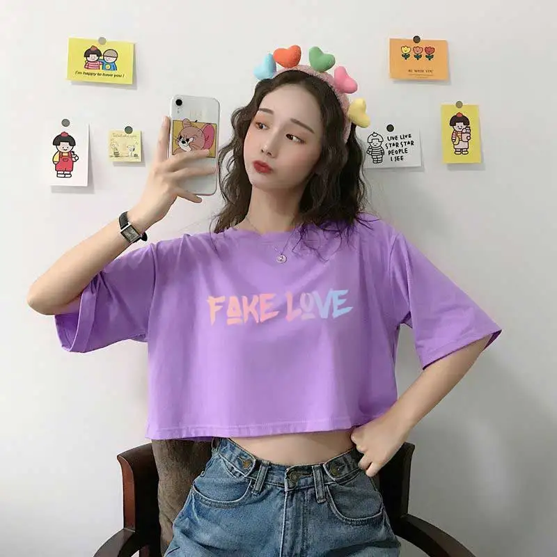 

Female Crop Top Fake Love Gradient Letter Printing Summer Casual Japanese Korean All-Match Fashion Harajuku Style Women Clothes
