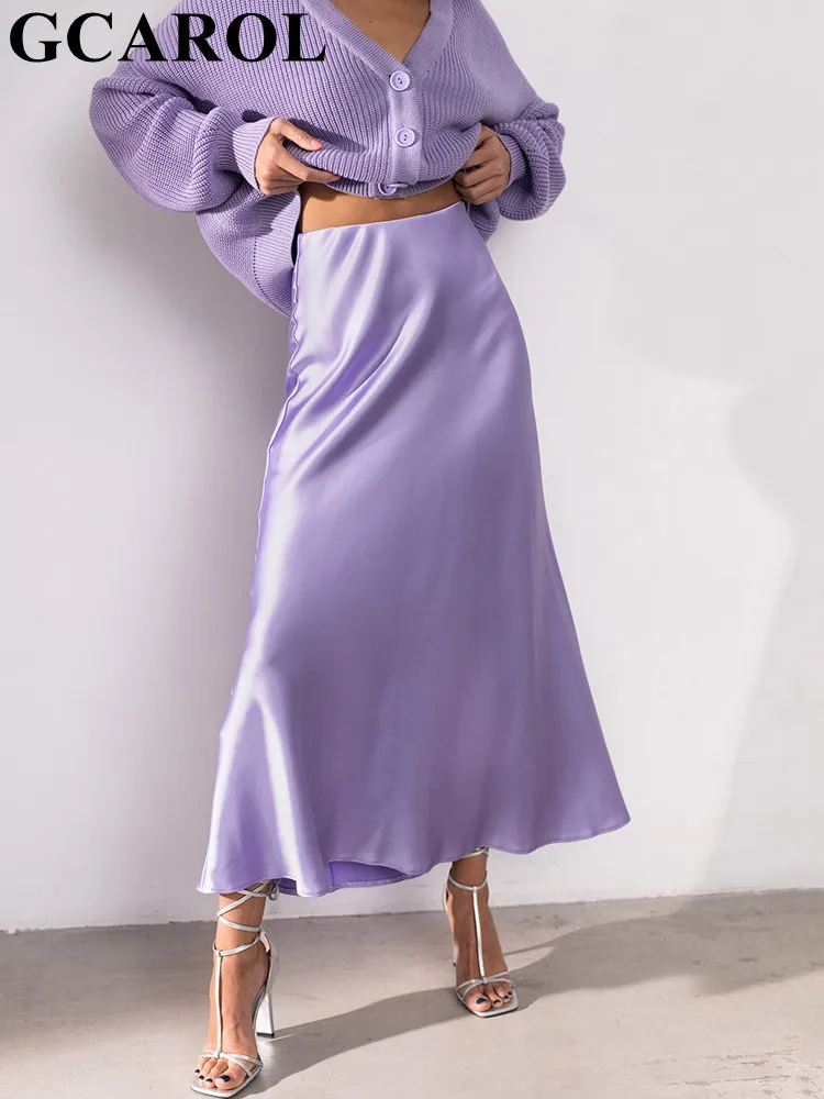 

GCAROL Spring Summer Woman Empire Satin Long Skirt A-line Silk Slip Sexy Party Elegant Evening Trumpet Skirt Soft Smooth
