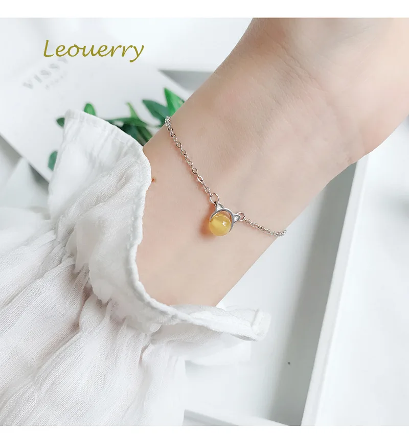 Leouerry Crystal Cat Ear Chain Bracelet Charm Amethyst Stone Bracele for Women Girl 925 Sterling Silver Jewelry | Украшения и