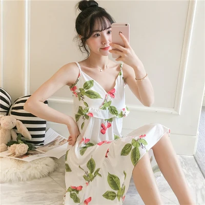 cotton Nightgown Летняя хлопковая ночная рубашка, Женская длинная сексуальная ночная рубашка с цветочным рисунком и v-образным вырезом, Повседневная Ночная рубашка XXL - Цвет: cotton Nightgown