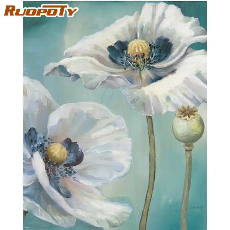 

RUOPOTY Picture By Numbers Two White Flower Oil Paint 60x75cm Framed Hand Painted Acrylic Pigment Drawing Home Wall Art Picture