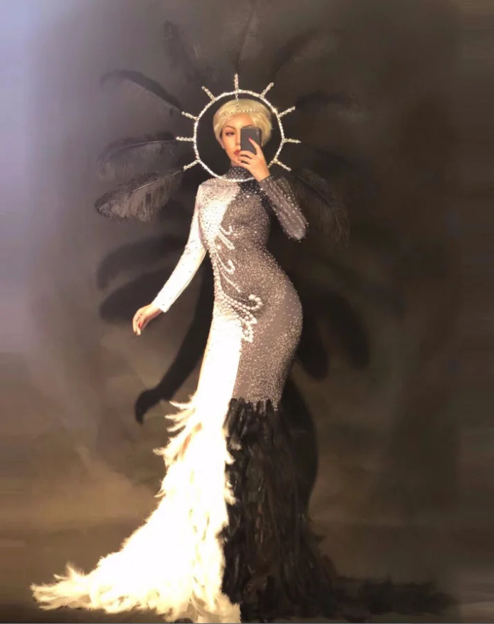

Shiny Women's Dress 2021 Feather Rhinestone Stitching Maxi Dress Party Celebrate Singer Competition Bar Nightclub Dancer Costume
