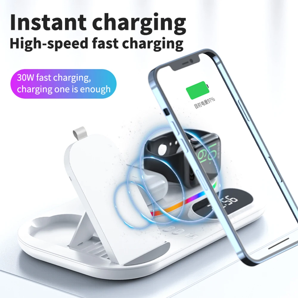 4 in 1 wireless chargers for iphone 13 pro1211xr8 15w qi wireless chaging staion for iwatchairpods 3 with led clock free global shipping
