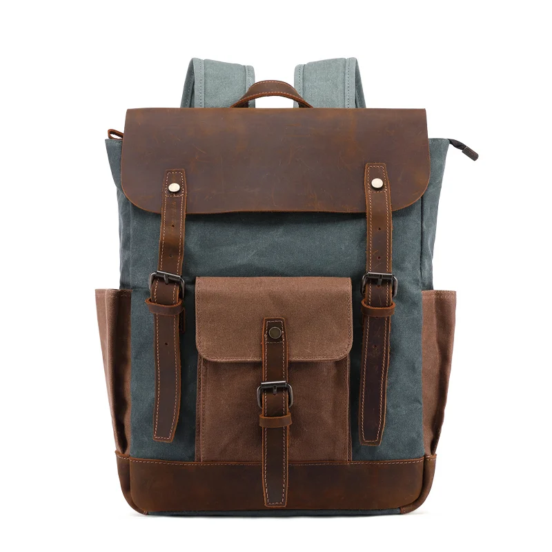 

Nesitu Highend Vintage Army Green Coffee Grey Cyan Crazy Horse Leather Canvas 15.6'' Laptop Women Men Backpack Travel Bag M0011
