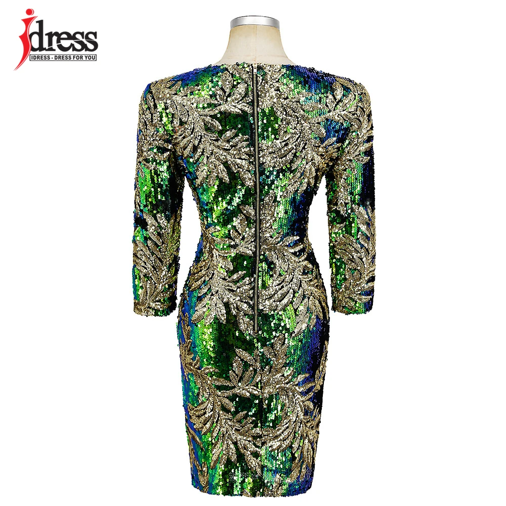 IDress/Модная одежда; ; облегающее платье до колена с длинными рукавами и круглым вырезом; вечерние Клубные платья с пайетками в стиле пэчворк с зелеными листьями