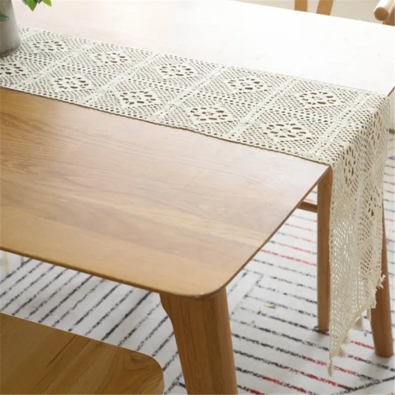 Бежевый вязаный крючком кружевной стол с кисточками из хлопка Свадебный декор