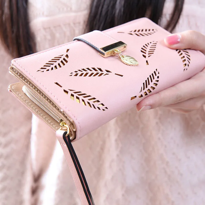 Модные женские кошельки Женский кошелек с полыми листьями на застежке длинный