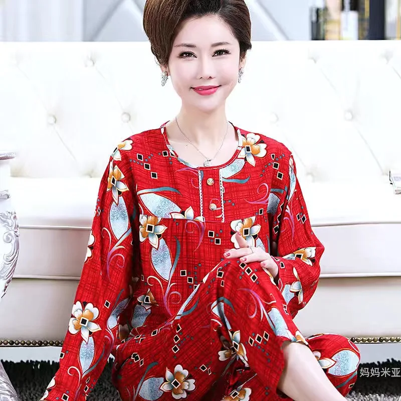 Fdfklak Middle Aged Mother Pajamas Set New Print Spring Autumn Trousers Women's Home Clothes Plus Size Cotton Sleepwear Suit 5XL