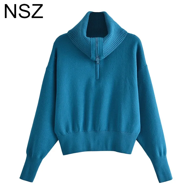 

Женский трикотажный пуловер на молнии NSZ, синий вязаный пуловер с высоким воротником, куртка, пальто большого размера, свободный джемпер, Дж...