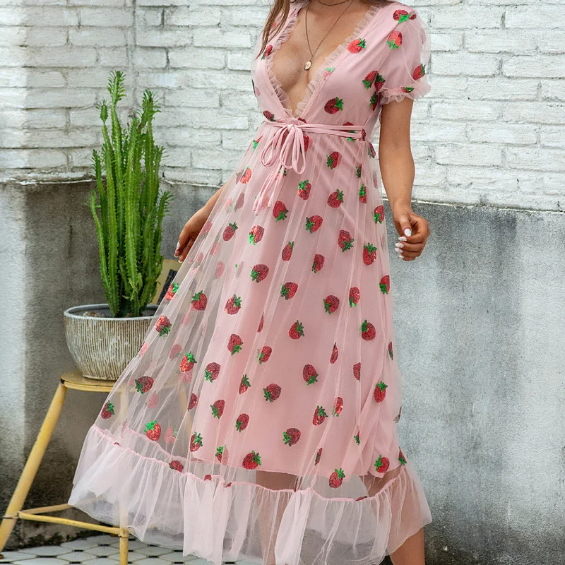 

Dress Strawberry Women Plus Size Pink Short Puff Sleeve Dress V Neck Fashion Summer Mesh Black Floral Dresses For Women 2021