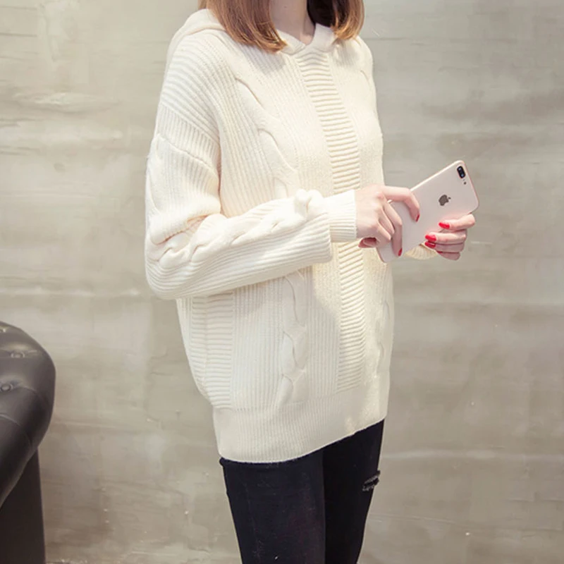 Модный женский Однотонный свитер с капюшоном свободный толстый базовый джемпер