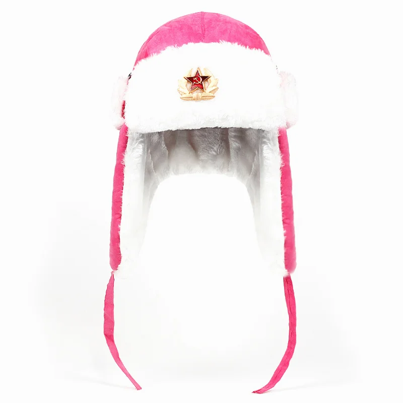 

Soviet Army Military Badge Russia Ushanka Bomber Hats Pilot Trapper Aviator Cap Winter Faux Rabbit Fur Earflap Snow Caps hat