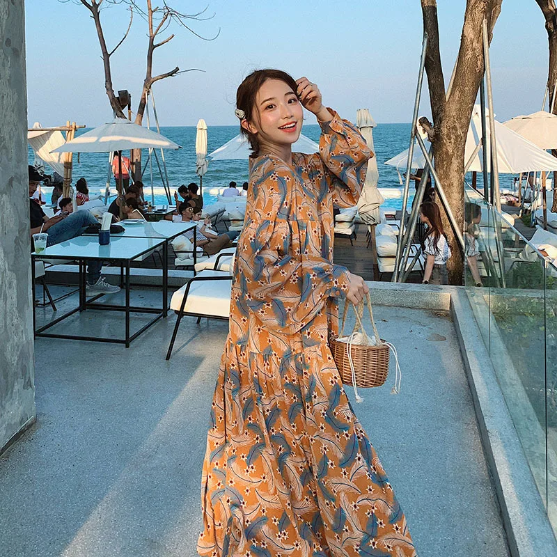 

2020 New Summer Dresses Lapel Spring Lantern Sleeve Mid-length Dress Women Korea Loose All-match Vestidos Tide U184