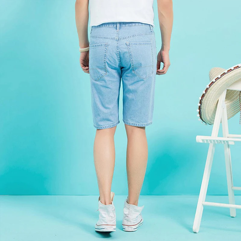 Хлопковые мужские джинсовые шорты летние тонкие Модные Стрейчевые до колена