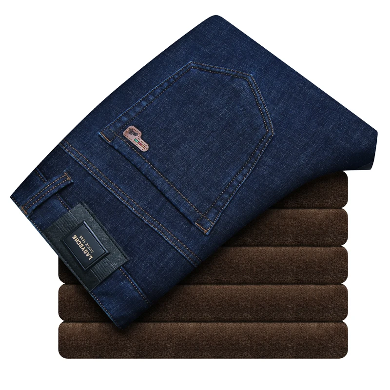 Brand Winter New Men's Warm Fleece Jeans Business Casual Elasticity Thick Slim Denim Pants Brand Trousers Black Blue