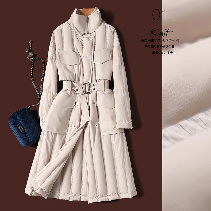 

SHUCHAN Thin Sheepskin Patchwork 90% White Duck Down Jacket Women Long Covered Button Slim Japan Style Adjustable Waist