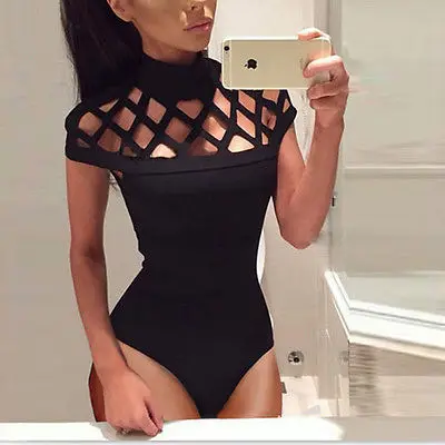 

Women One Piece Hollow Out Jumpsuit 2020 Summer High Neck Sexy Black Bodysuits